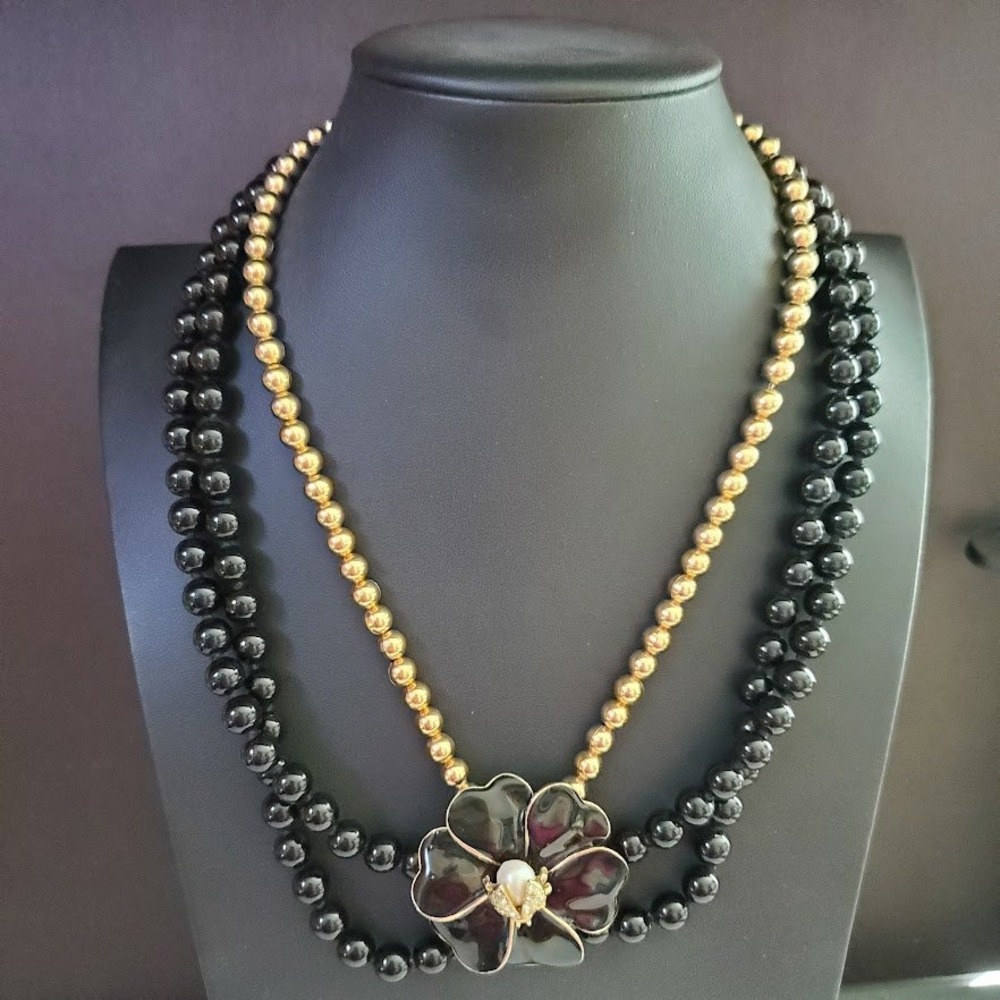 Black Enamel Flower Pave Ladybug Multi-Strand Beaded Necklace Gold Tone